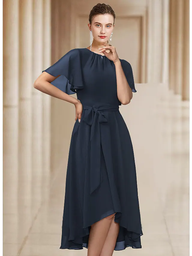 Elegant A-line Mother of the Bride dress with jewel neck, short sleeves, pleats, and bow detail.