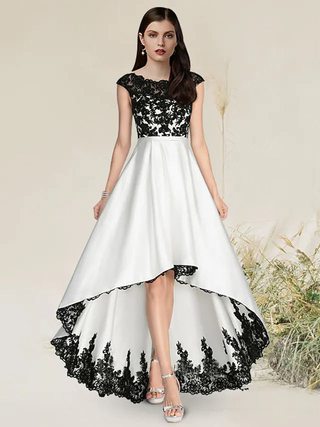 Elegant A-line satin evening dress with jewel neck and appliques.
