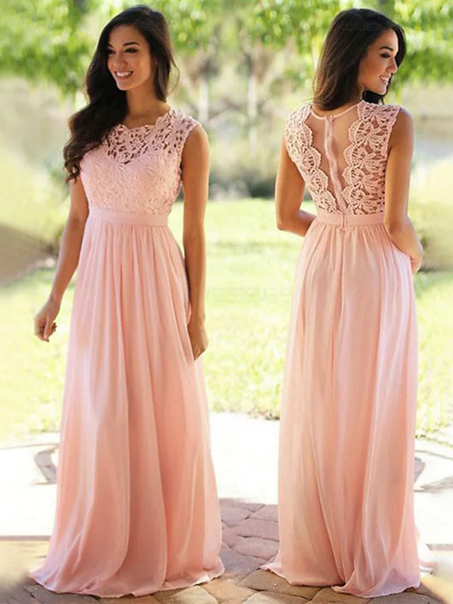 A-Line chiffon and lace bridesmaid dress with jewel neck, sash, and pleats.