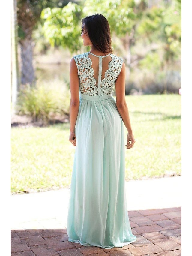 A-Line chiffon and lace bridesmaid dress with jewel neck, sash, and pleats.