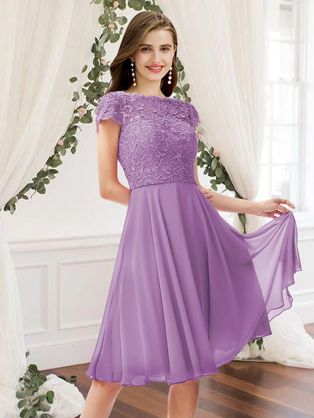 Elegant A-Line chiffon and lace bridesmaid dress with jewel neck and pleats.