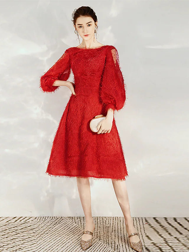 Elegant A-Line cocktail dress with jewel neck and 3/4 sleeves.