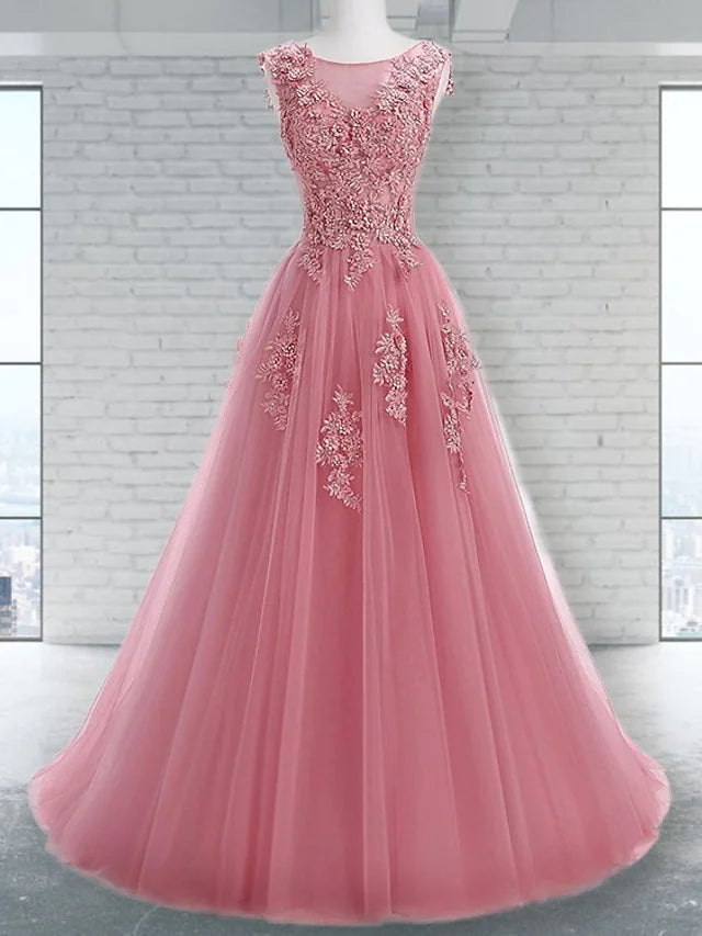 Elegant A-Line prom dress in light blue with jewel neck and appliques.