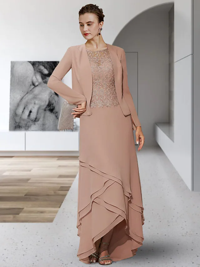 Elegant two-piece A-line Mother of the Bride gown featuring a jewel neck, sleeveless top, and tiered chiffon skirt.