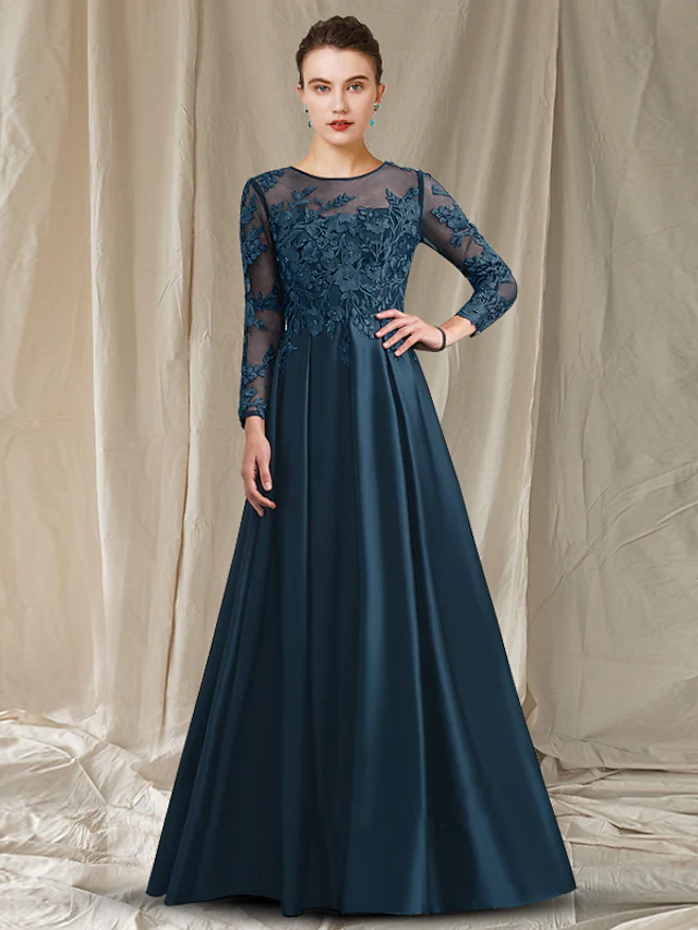 Elegant A-line Mother of the Bride dress with jewel neck, half sleeves, lace, and satin fabric.