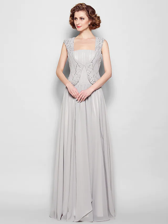 Elegant A-line Mother of the Bride dress with square neck and beading on a model.