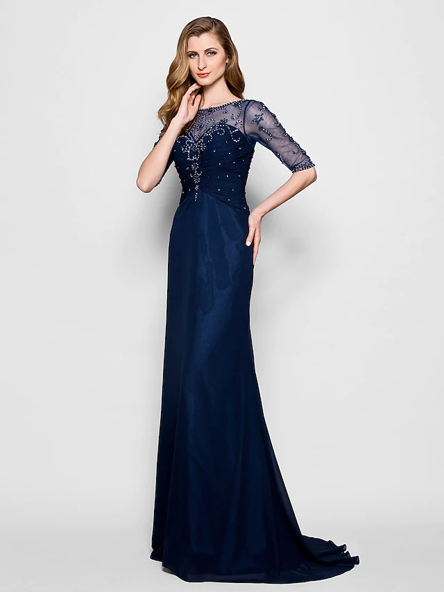 Elegant A-Line Mother of the Bride dress with jewel neck and half sleeves.