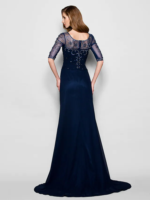 Close-up of the jewel neck and ruched crystal beading on the Mother of the Bride dress.