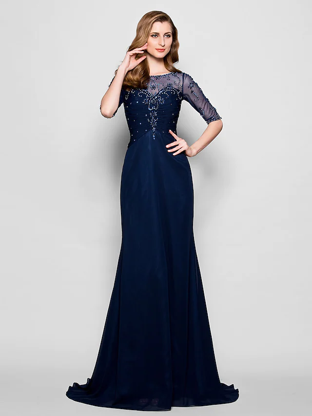 Side view of the A-Line Mother of the Bride dress, showing chiffon fabric.
