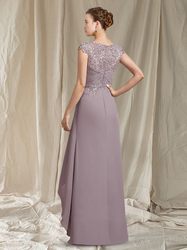 Back view of the floor-length chiffon lace mother of the bride gown with asymmetrical design.