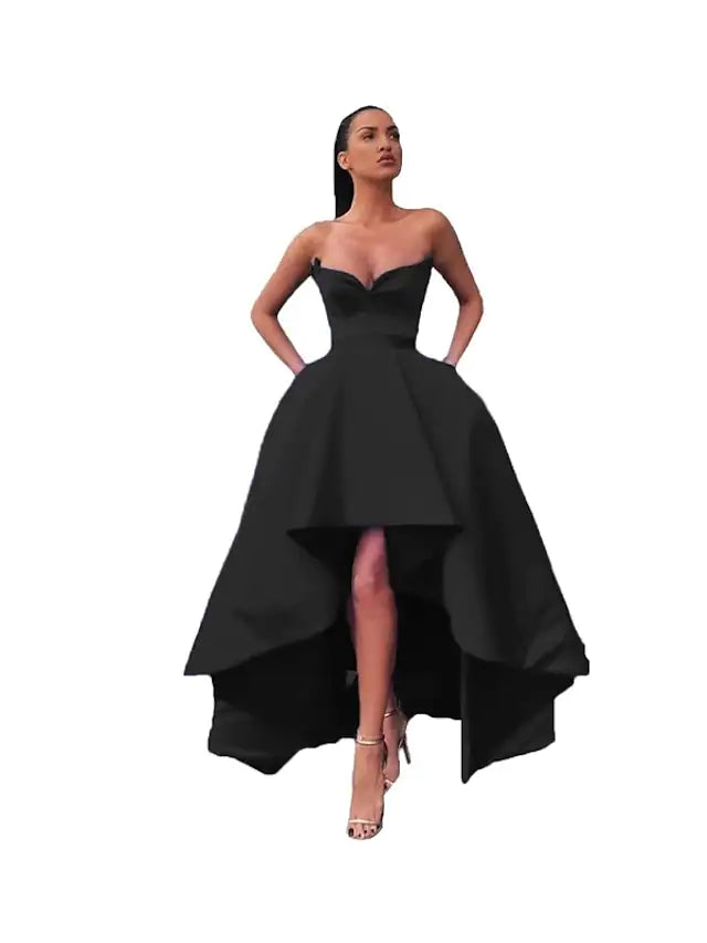 Back view of the A-line off-shoulder satin prom dress.