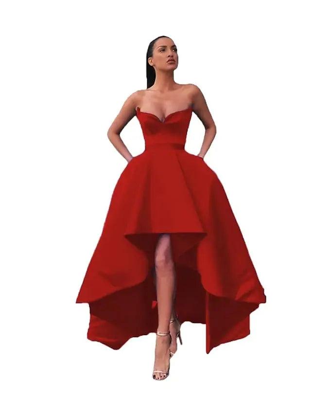 Side view of the A-line off-shoulder satin prom dress, showing pocket detail.
