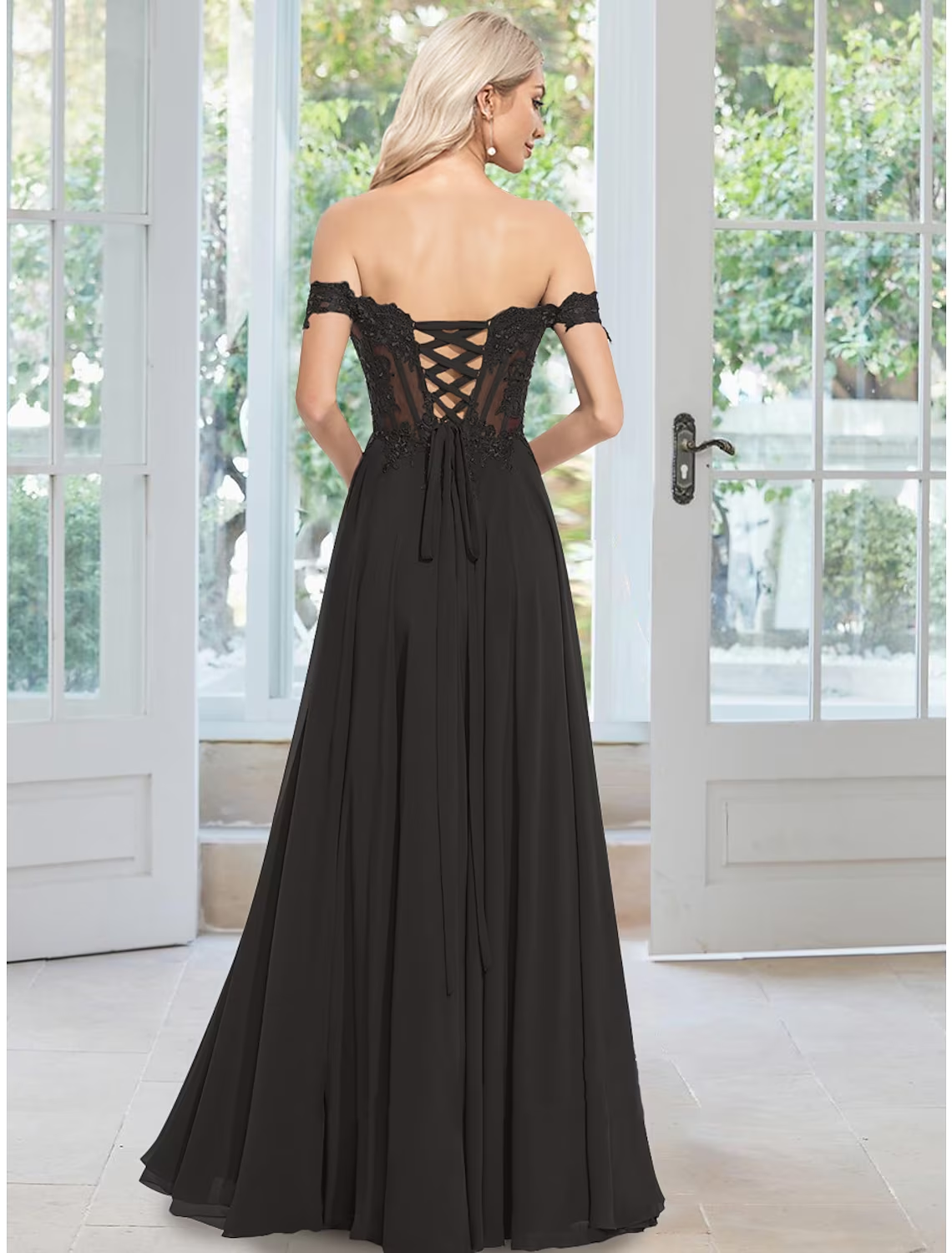 Side view of the floor-length A-Line prom dress.
