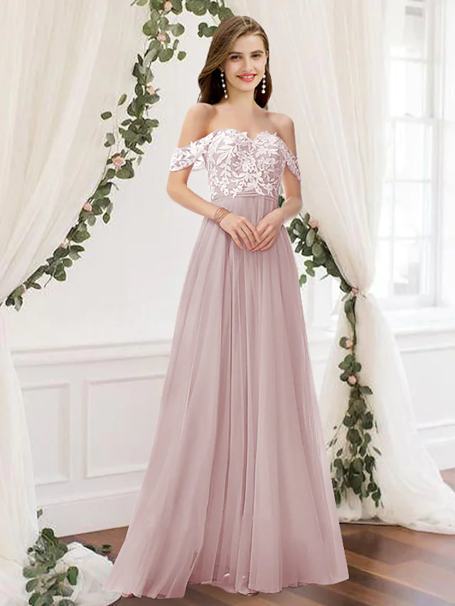 A-Line off-shoulder bridesmaid dress with chiffon and lace details, front view.