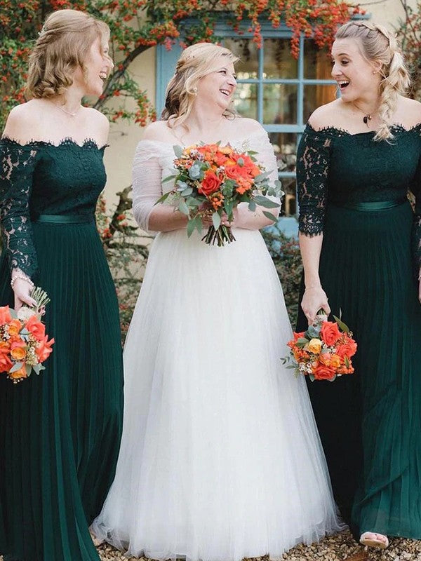 Elegant A-line off-shoulder chiffon lace bridesmaid dress.