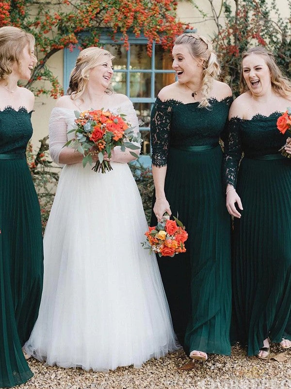 Floor-length A-line bridesmaid gown with chiffon and lace details.