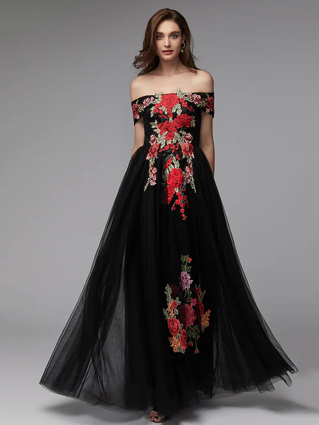 A-Line off-shoulder prom dress with floral lace and tulle details.