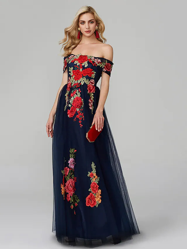 Back view of the A-Line off-shoulder floral lace prom dress.