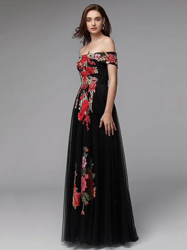 Side view of the floor-length A-Line prom dress.