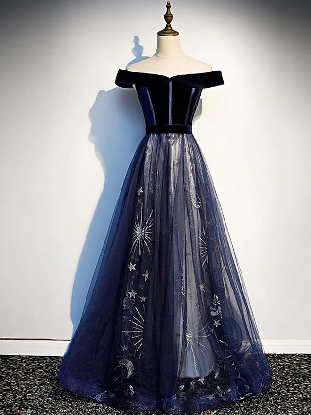 Elegant A-line floral off-shoulder tulle prom dress with short sleeves and sweep train.