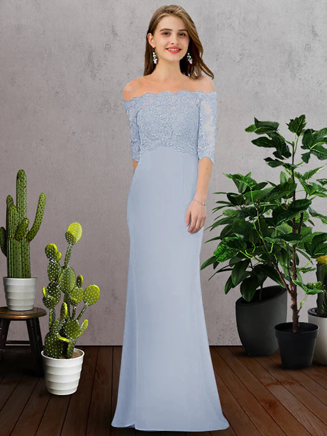 Elegant A-line bridesmaid dress with off-shoulder neckline and half sleeves, featuring lace appliques.