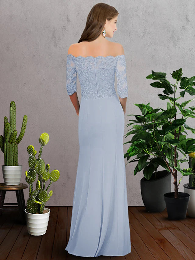 Back view of the floor-length chiffon bridesmaid dress with delicate lace details.