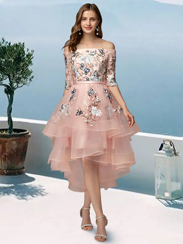 Elegant A-line off-shoulder prom dress with floral embroidery.