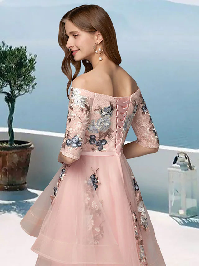 Back view of A-line satin evening gown with half sleeves.