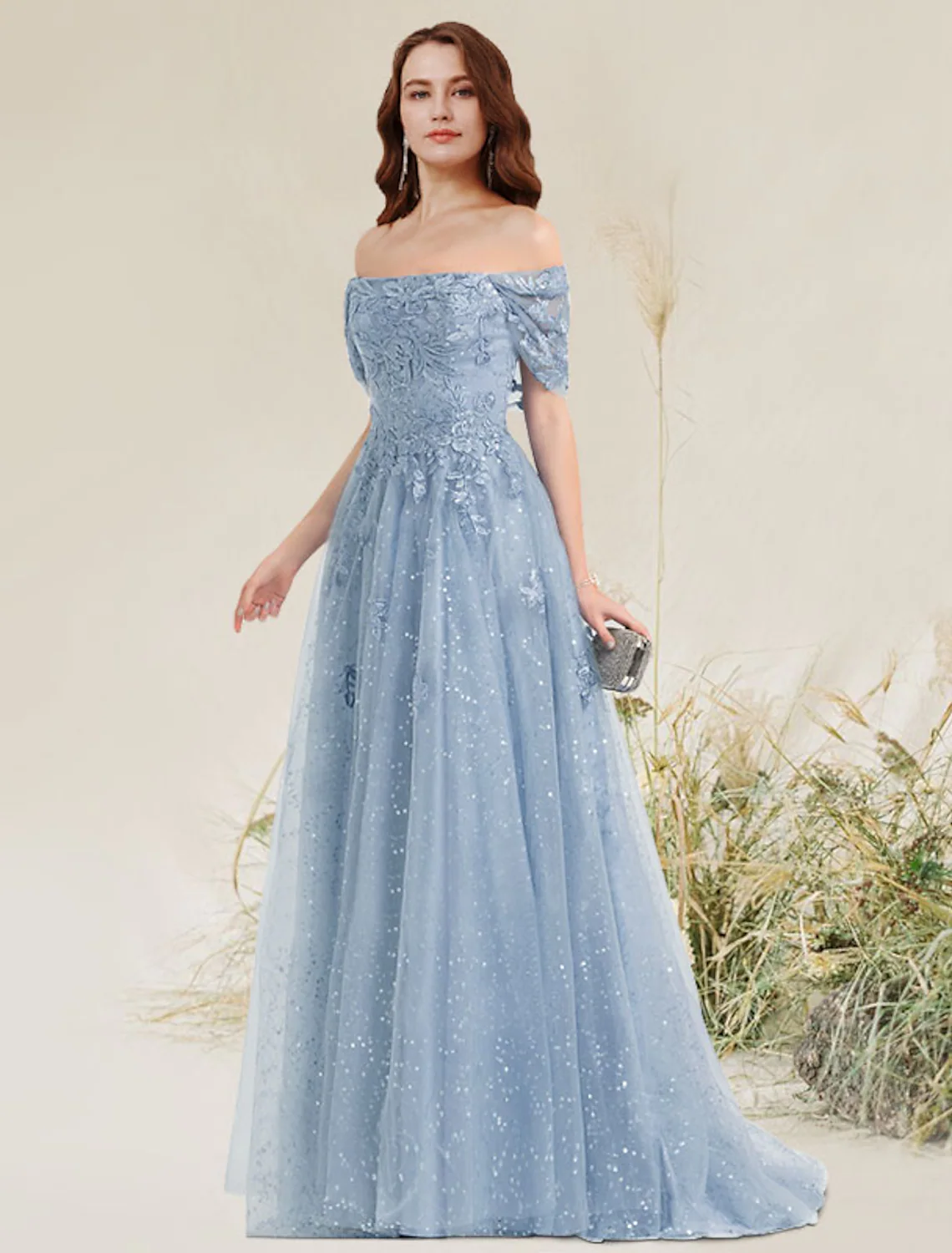 Elegant A-Line off-shoulder lace prom dress with pleats.