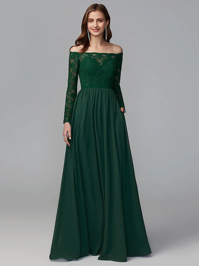 Elegant A-Line bridesmaid dress with off-shoulder neckline and long sleeves.