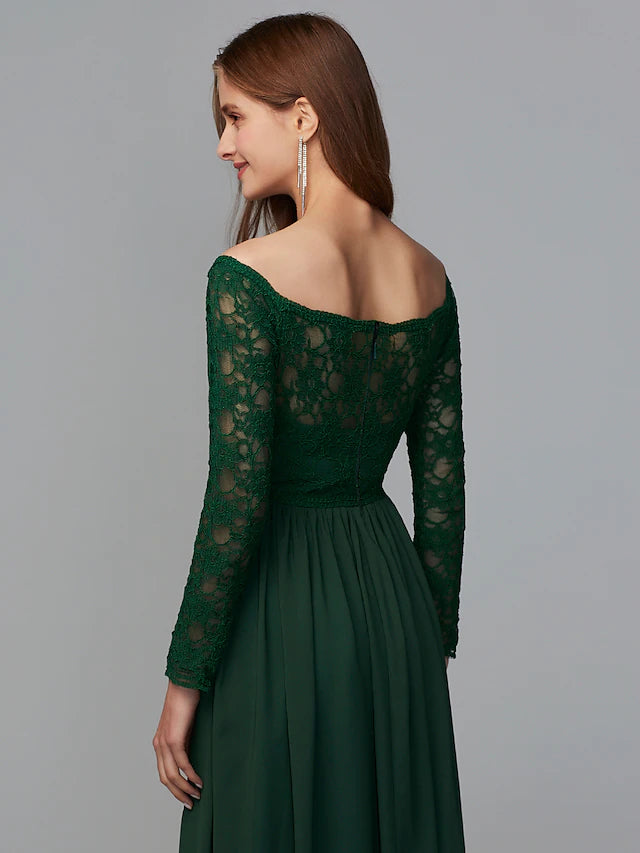 Full view of the A-Line off-shoulder bridesmaid dress, showcasing its elegant drape.