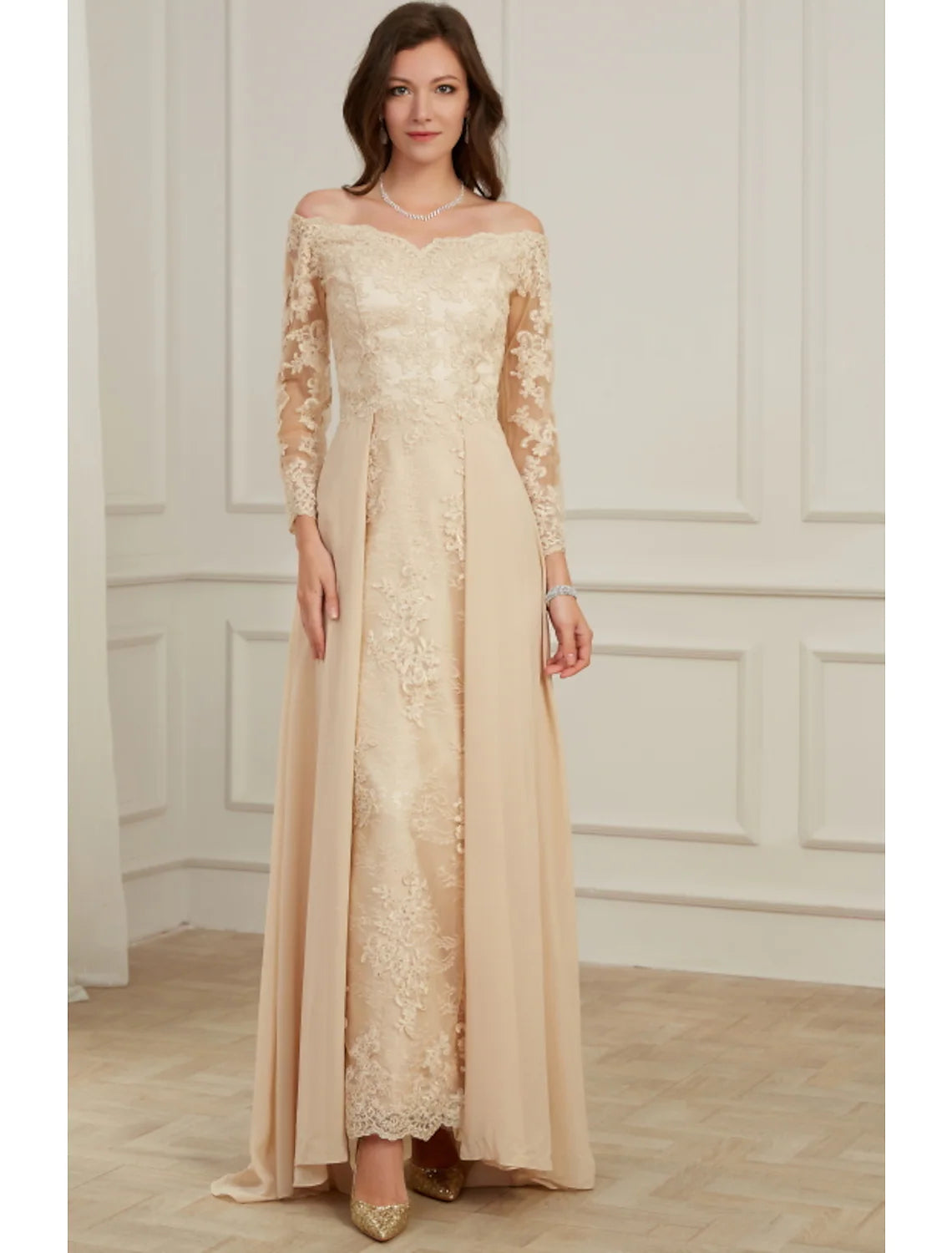 Elegant A-line off-shoulder long sleeve evening gown with appliques.