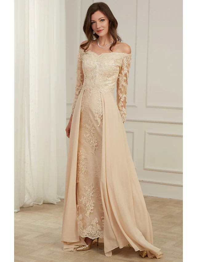 Back view of the A-line off-shoulder gown showing overskirt detail.