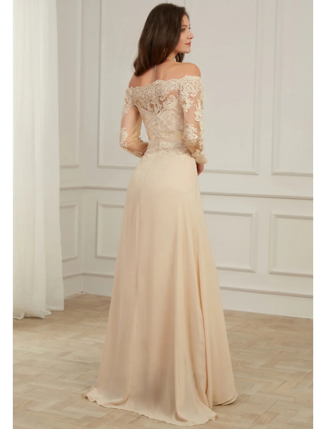 Full length view of the elegant A-line gown for formal occasions.
