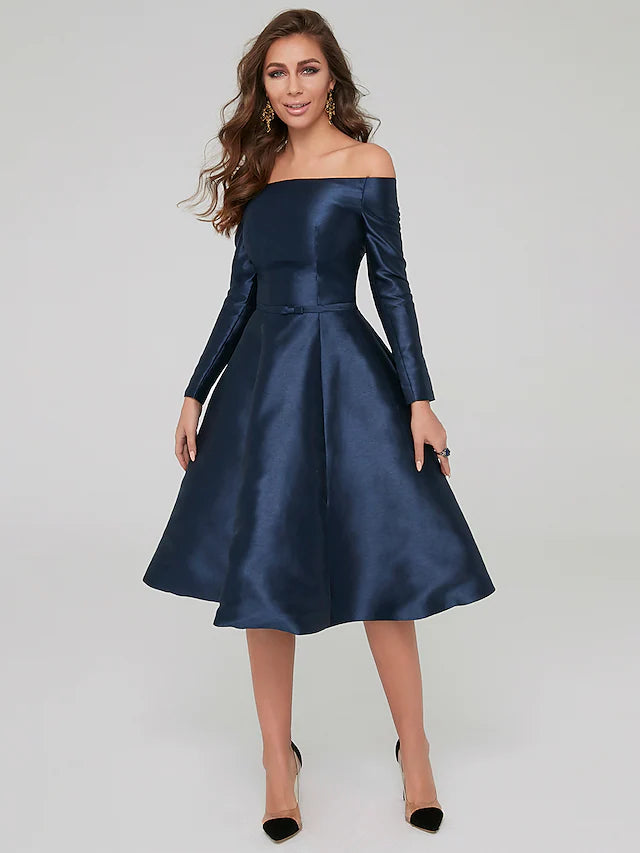 Elegant A-line off-shoulder satin dress with long sleeves and pleats.