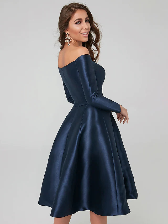 Side view of the off-shoulder long sleeve party dress.