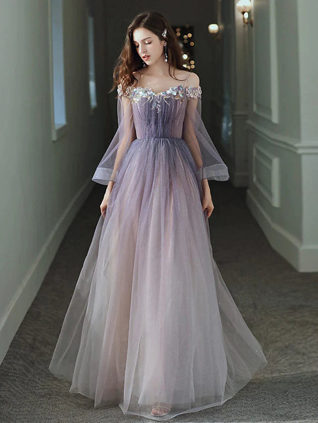 Elegant A-line off-shoulder long sleeve prom dress with appliques.