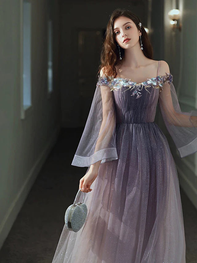 Side view of elegant A-line off-shoulder long sleeve gown.