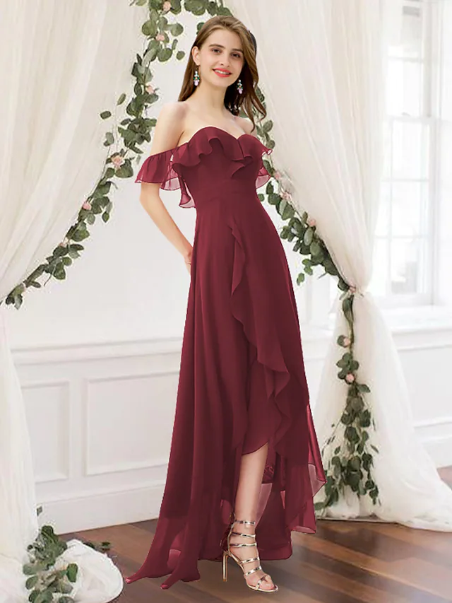 Elegant A-Line off-shoulder chiffon bridesmaid dress with pleats and ruffles.