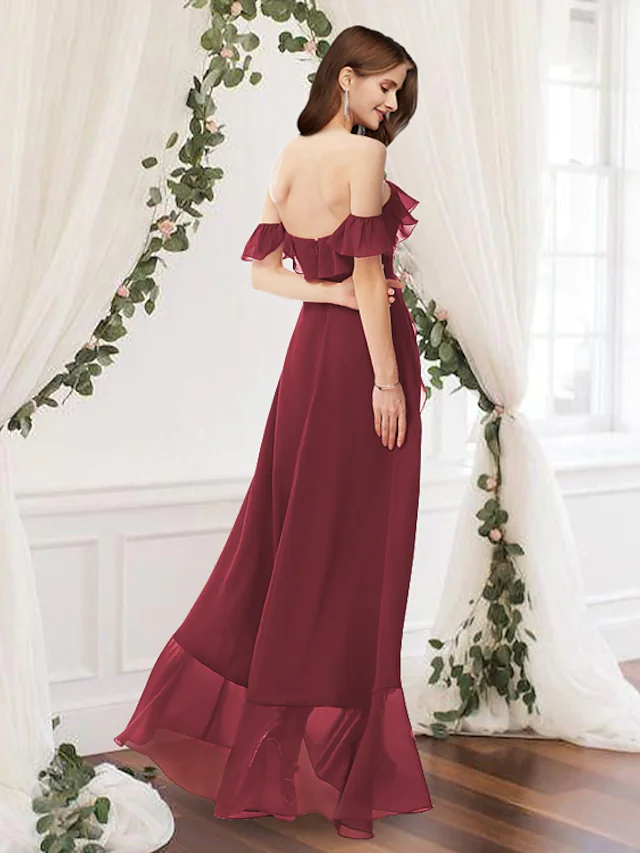 Flowy A-Line off-shoulder chiffon dress featuring a stylish split front.