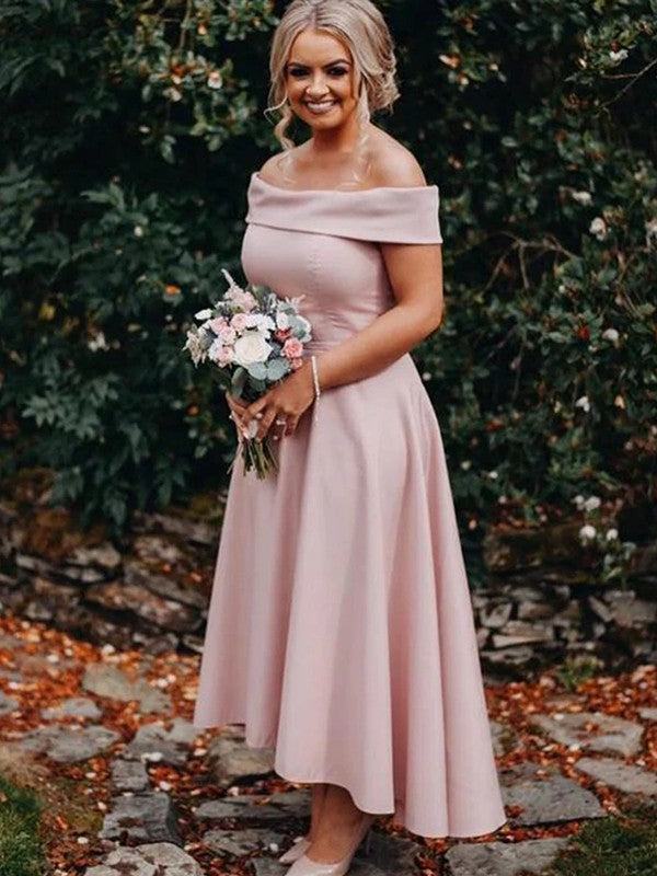 Back view of an A-Line off-shoulder ruffled asymmetrical bridesmaid dress.