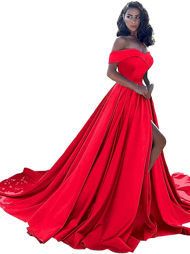 Elegant A-line off-shoulder satin evening gown in blush pink.