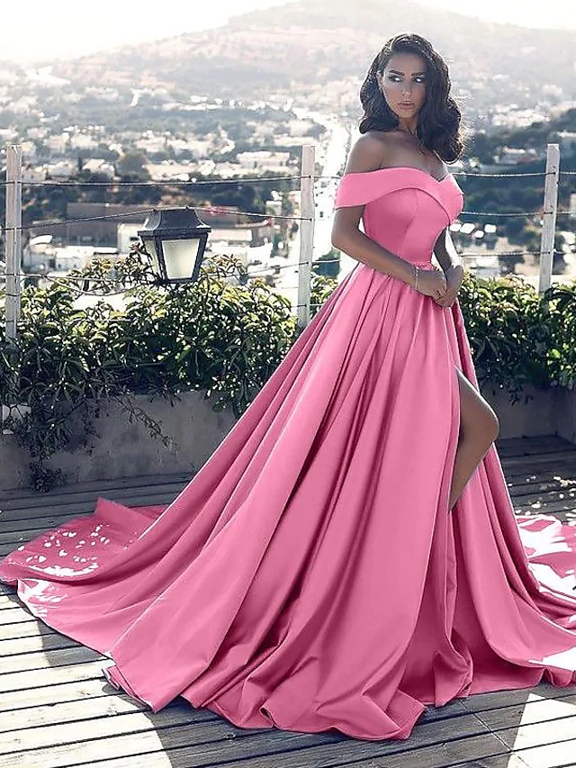 Blush pink off-shoulder satin dress with a flowing A-line skirt.