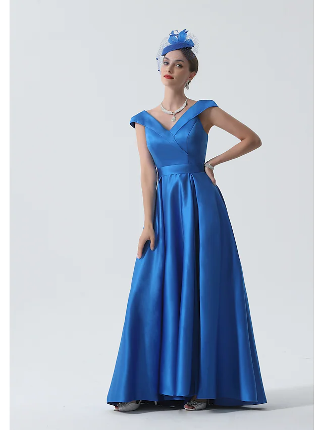 Elegant A-line Mother of the Bride dress with off-shoulder neckline and short sleeves.