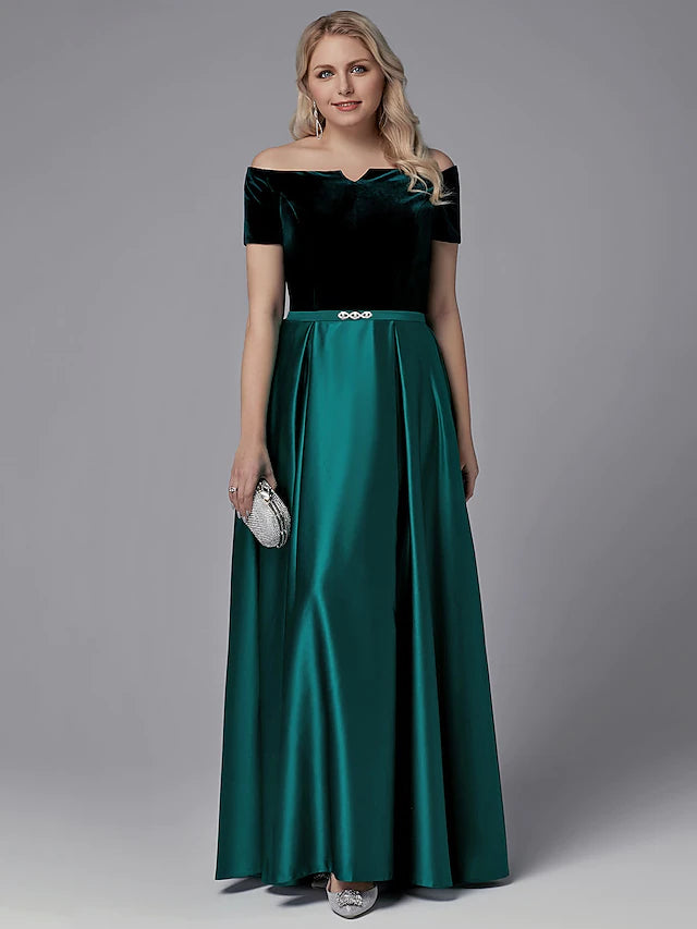 Elegant A-Line off-shoulder satin dress with crystals, front view.