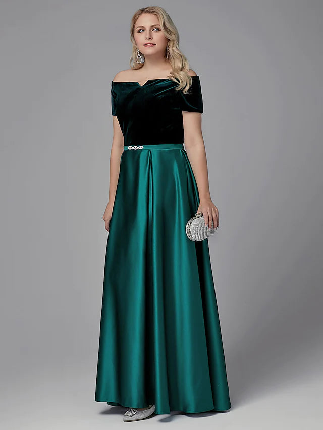 Back view of the A-Line off-shoulder satin dress with crystal details.