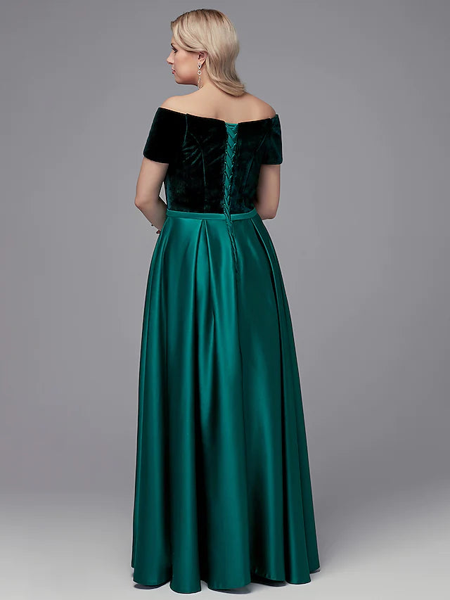 Side profile of the floor-length A-Line satin gown.