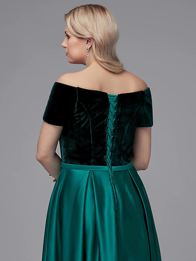 Full length view of the A-Line special occasion dress with crystal embellishments.