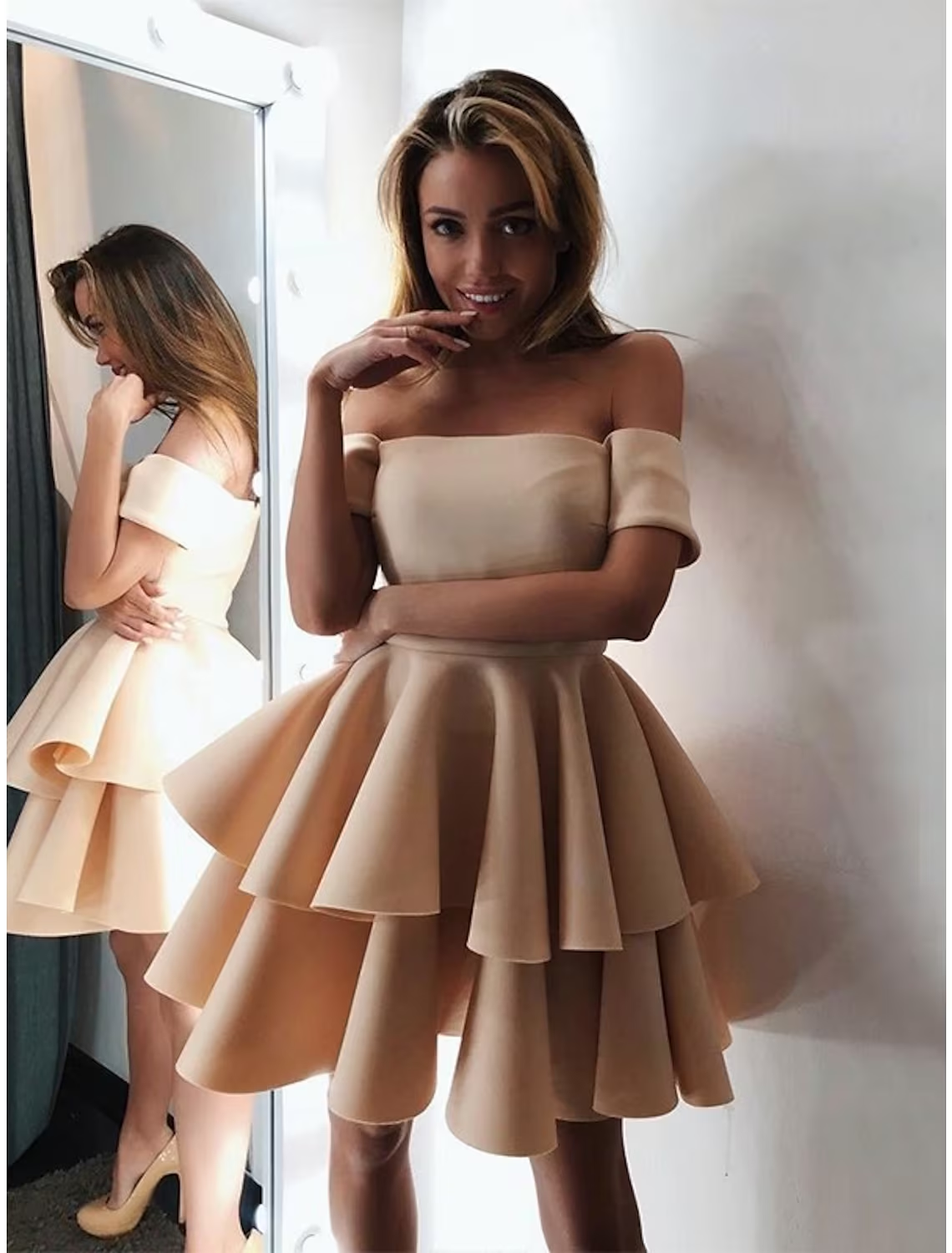 Elegant A-Line off-shoulder satin cocktail dress with tiered skirt, knee length.