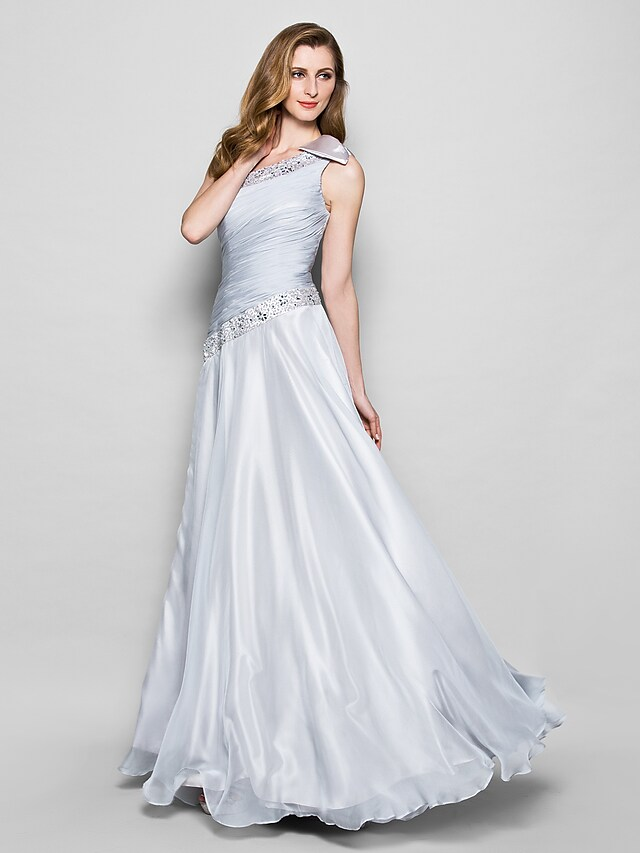 Elegant A-Line one-shoulder chiffon dress with beading.